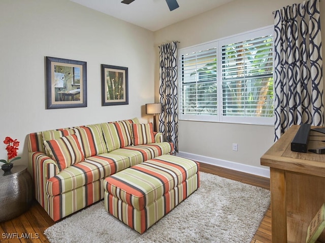 living room with ceiling fan and wood-type flooring