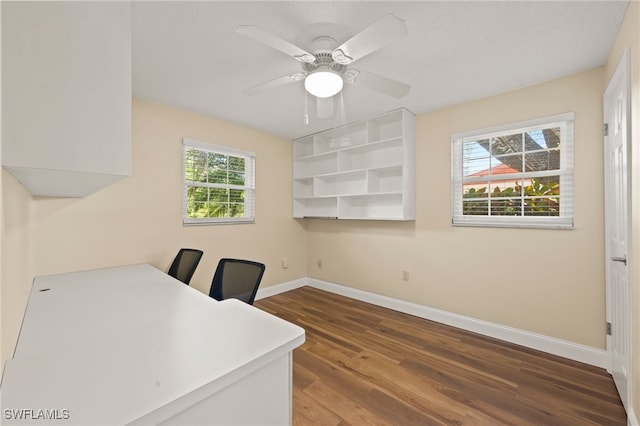 office area with ceiling fan and wood-type flooring