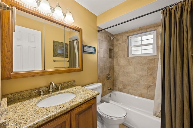 full bathroom with vanity, toilet, and shower / bathtub combination with curtain