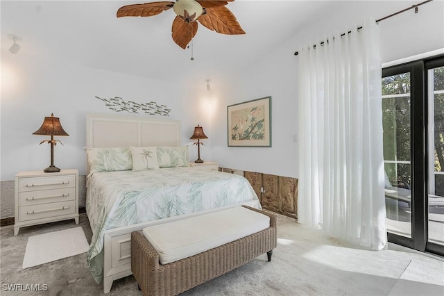 bedroom featuring access to exterior and ceiling fan