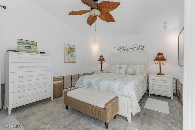 bedroom featuring ceiling fan and vaulted ceiling