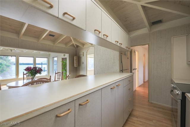 kitchen with light wood-type flooring, lofted ceiling with beams, stainless steel electric stove, and wooden ceiling