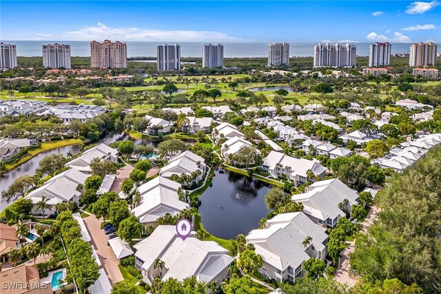 drone / aerial view featuring a water view