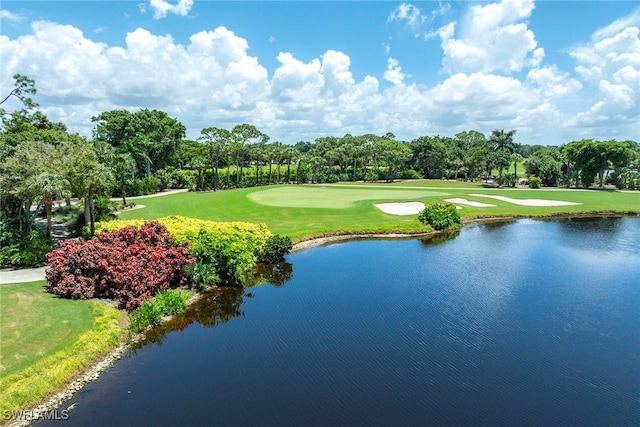 view of property's community with a water view and a lawn