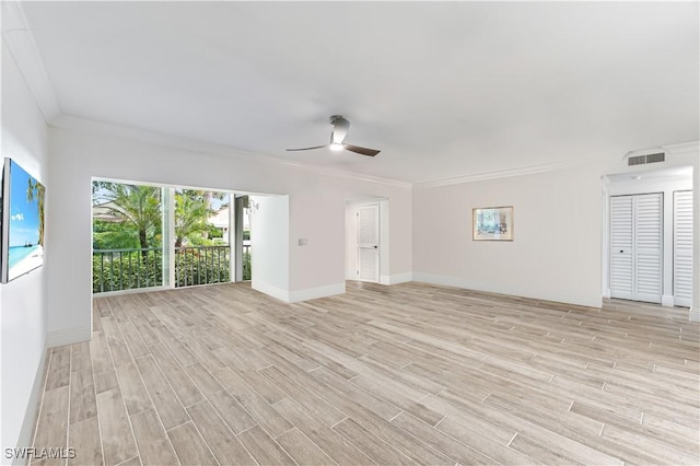 unfurnished living room with ornamental molding, ceiling fan, and light hardwood / wood-style flooring