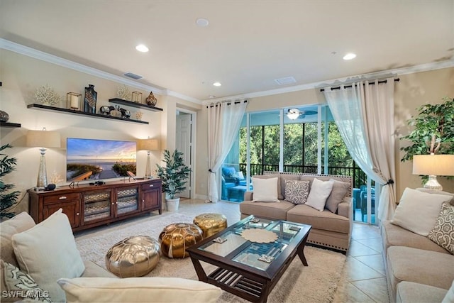 living room with light tile patterned floors and crown molding