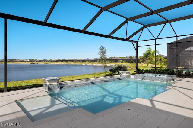 view of swimming pool with a lanai, a patio area, a water view, and pool water feature