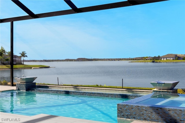 view of pool featuring a water view and glass enclosure