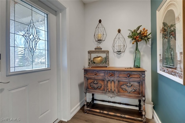 entryway with baseboards and wood finished floors