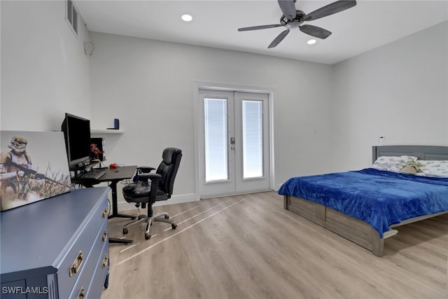 bedroom with french doors, recessed lighting, visible vents, wood finished floors, and baseboards