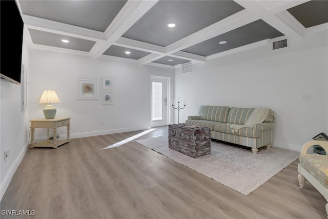 living room with light wood finished floors, baseboards, visible vents, and coffered ceiling