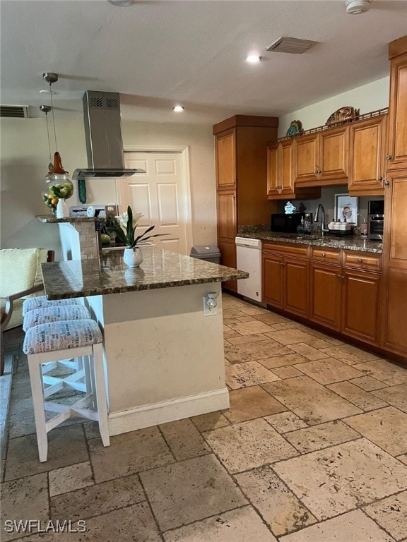 kitchen with dishwasher, a center island, a kitchen breakfast bar, hanging light fixtures, and island range hood