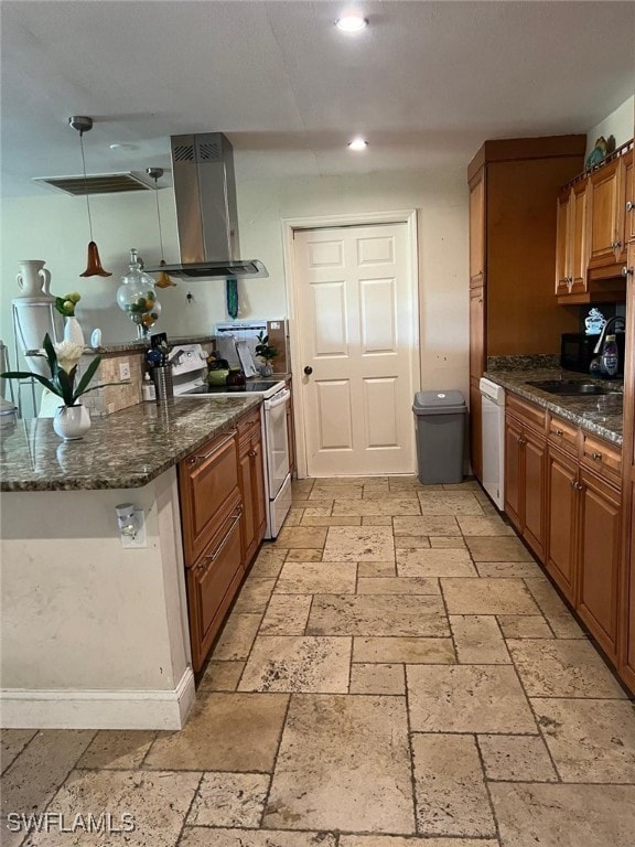 kitchen with pendant lighting, white appliances, sink, dark stone countertops, and island range hood