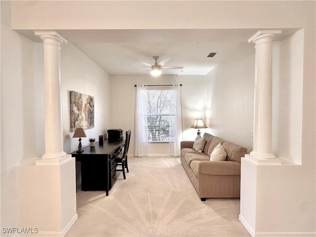 carpeted home office with ceiling fan