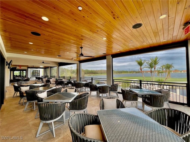 view of patio / terrace with ceiling fan and a water view