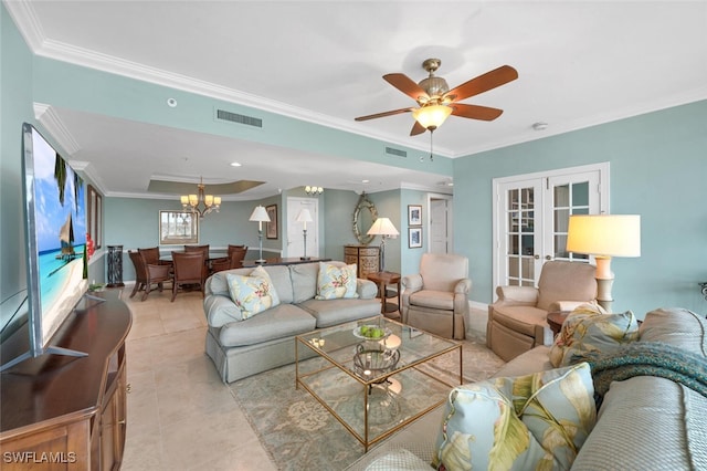 living room featuring french doors, light tile patterned floors, ceiling fan with notable chandelier, and ornamental molding