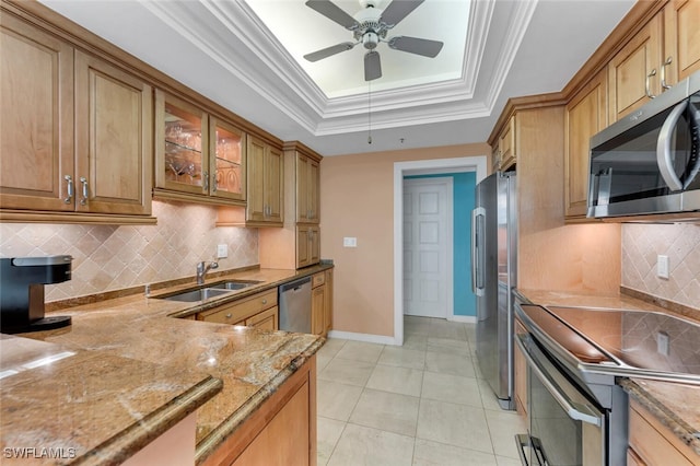 kitchen featuring backsplash, stainless steel appliances, a tray ceiling, and sink