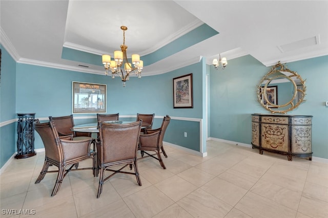 tiled dining area with a notable chandelier, a raised ceiling, and crown molding