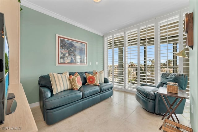 tiled living room featuring ornamental molding