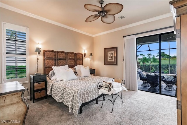 bedroom with access to outside, ceiling fan, crown molding, and carpet floors