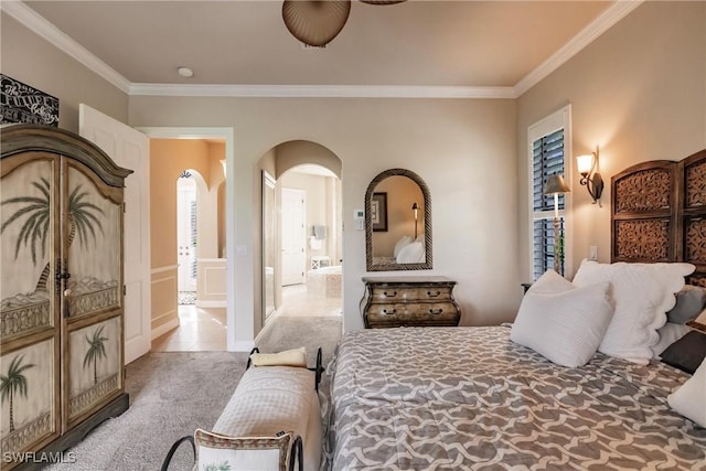 bedroom featuring carpet and crown molding