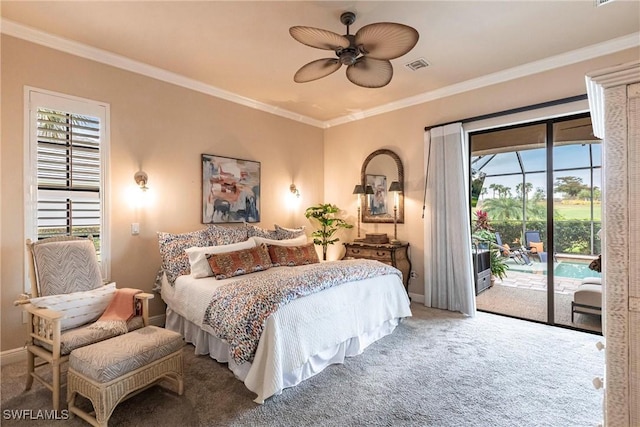 carpeted bedroom featuring baseboards, access to outside, visible vents, and crown molding