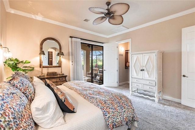 bedroom featuring light carpet, crown molding, baseboards, and access to exterior