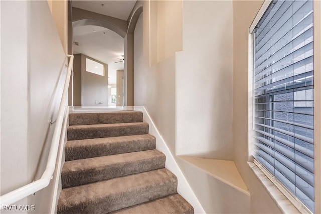 staircase featuring ceiling fan