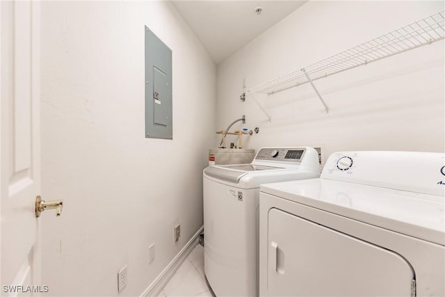 laundry room with electric panel and washing machine and clothes dryer