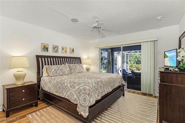 bedroom with access to exterior, ceiling fan, and light hardwood / wood-style floors