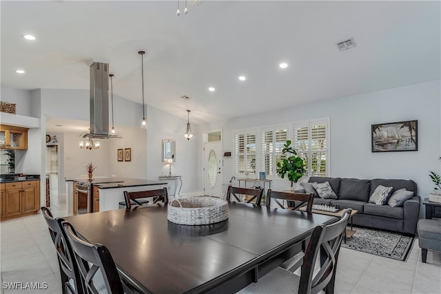 dining room featuring light tile patterned floors, visible vents, vaulted ceiling, and recessed lighting