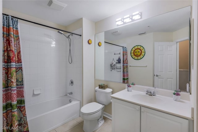 full bathroom with shower / bath combination with curtain, vanity, toilet, and tile patterned flooring