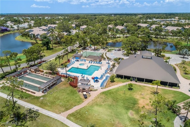 bird's eye view with a water view