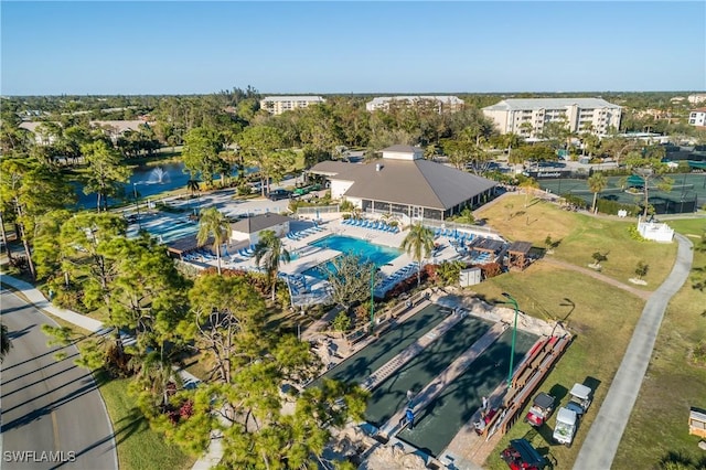 aerial view featuring a water view