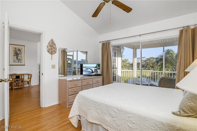 bedroom featuring ceiling fan, access to exterior, high vaulted ceiling, and light hardwood / wood-style flooring