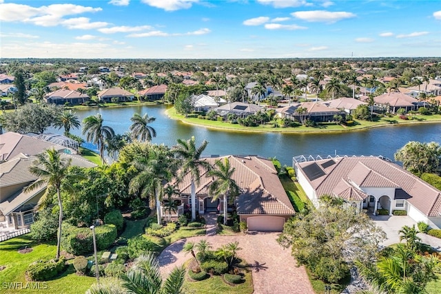 drone / aerial view with a water view