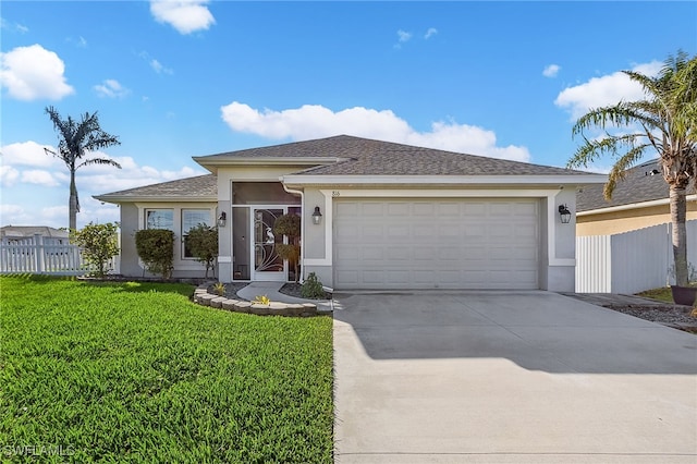 view of front of home with a front lawn and a garage