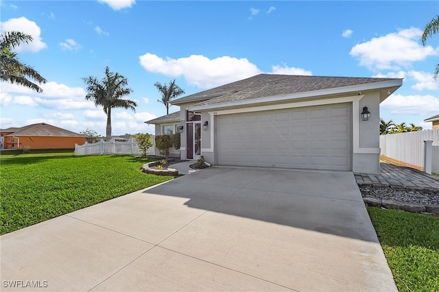 single story home with a front yard and a garage