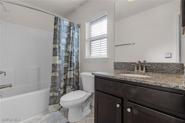 full bathroom with tile patterned flooring, vanity, toilet, and shower / bathtub combination with curtain