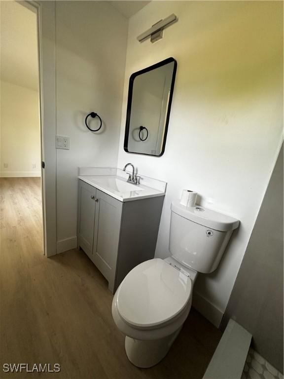 bathroom with vanity, toilet, and wood-type flooring