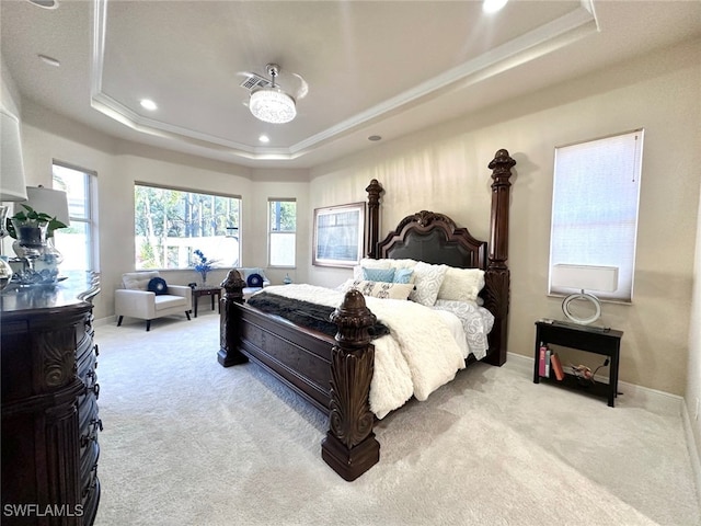 bedroom featuring a raised ceiling and light colored carpet