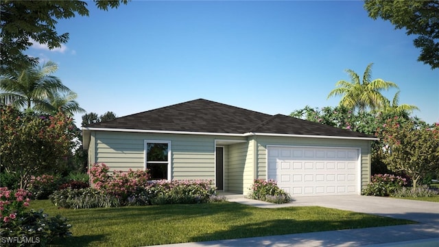 single story home featuring a garage and a front yard