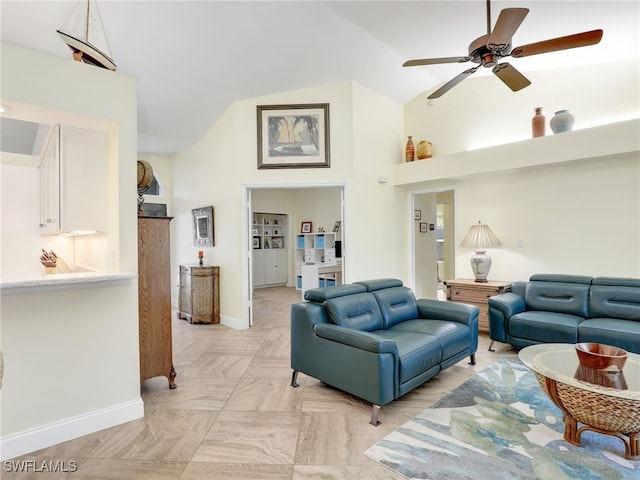 living room featuring high vaulted ceiling and ceiling fan