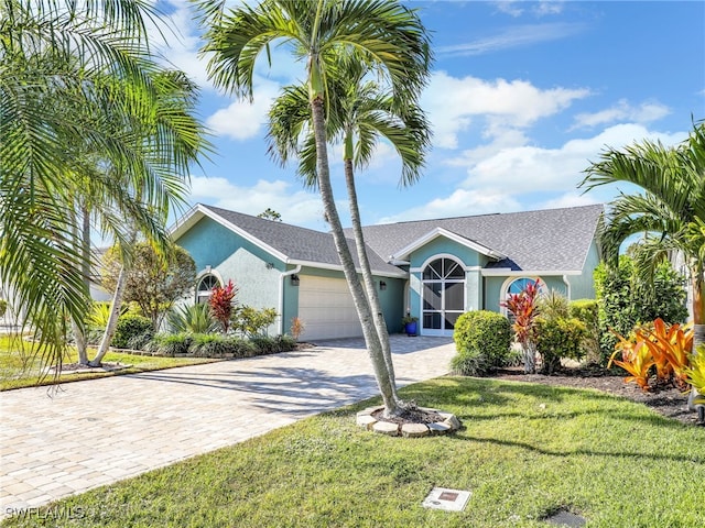 view of front of home with a garage and a front lawn