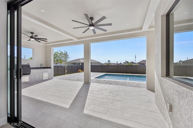 view of pool with ceiling fan