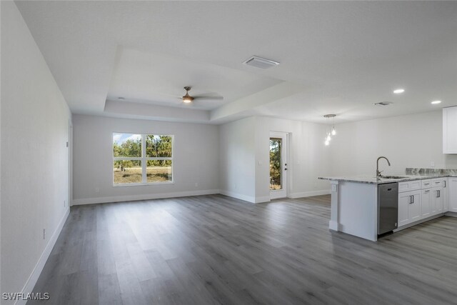 kitchen featuring wood-type flooring, dishwasher, white cabinetry, sink, and a tray ceiling