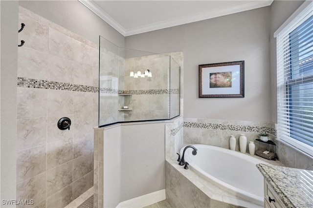 bathroom featuring shower with separate bathtub, vanity, and ornamental molding