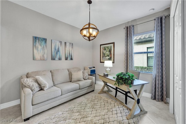 tiled living room featuring a notable chandelier