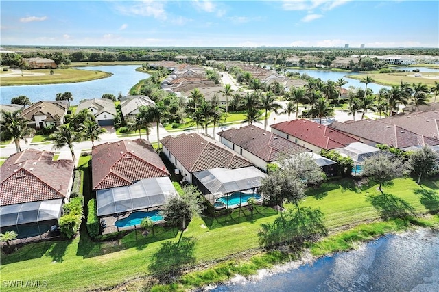 aerial view featuring a water view