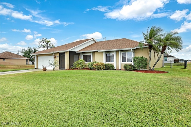 ranch-style house with a front yard and a garage